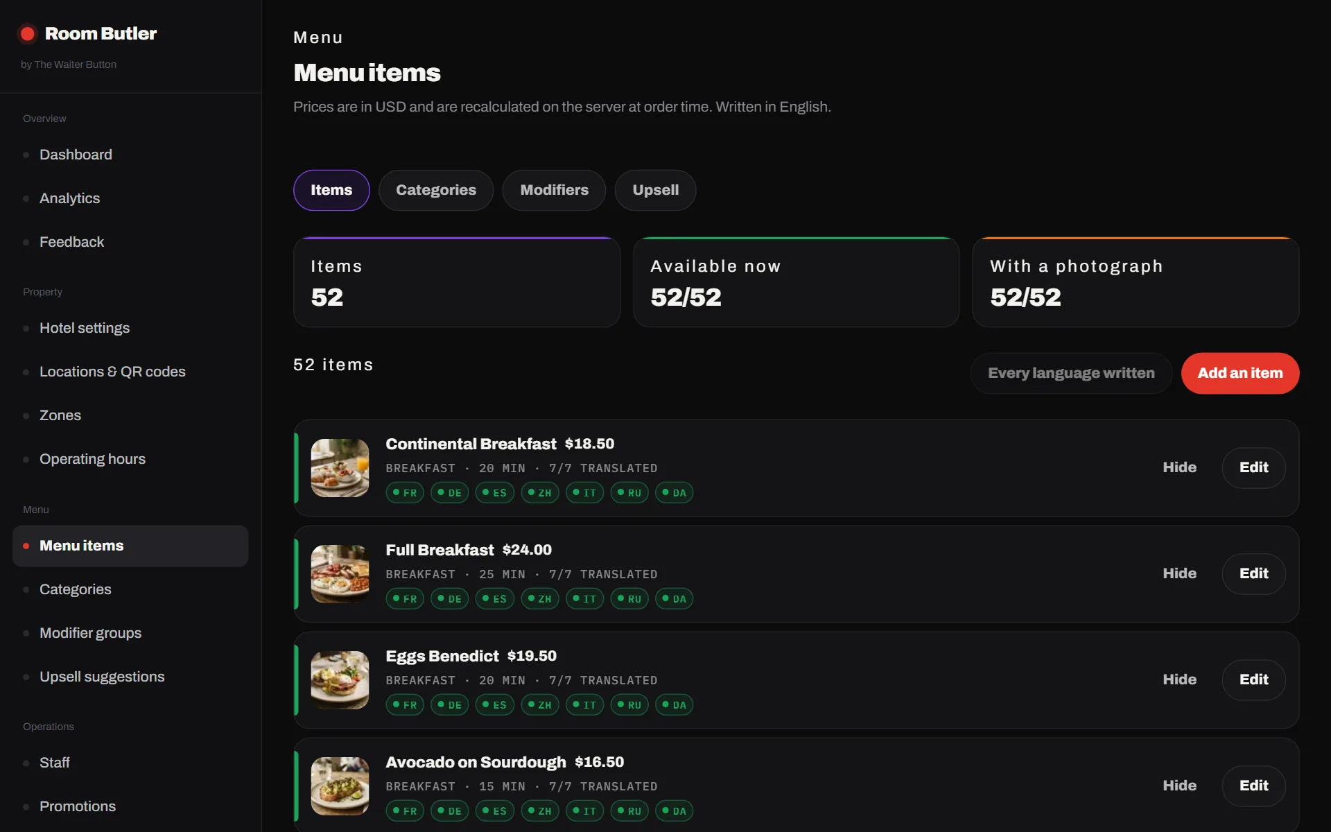 The Room Butler admin console showing the menu editor