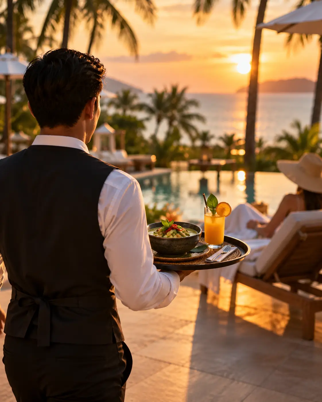 Ein Kellner bringt grünes Curry und ein Getränk über die Poolterrasse zu einem Gast auf der Liege