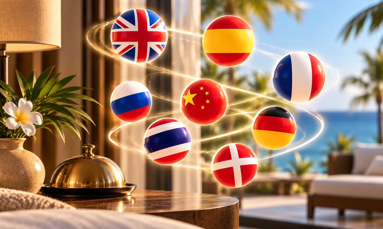 Flags of the guest languages circling above a table in a sunny resort room